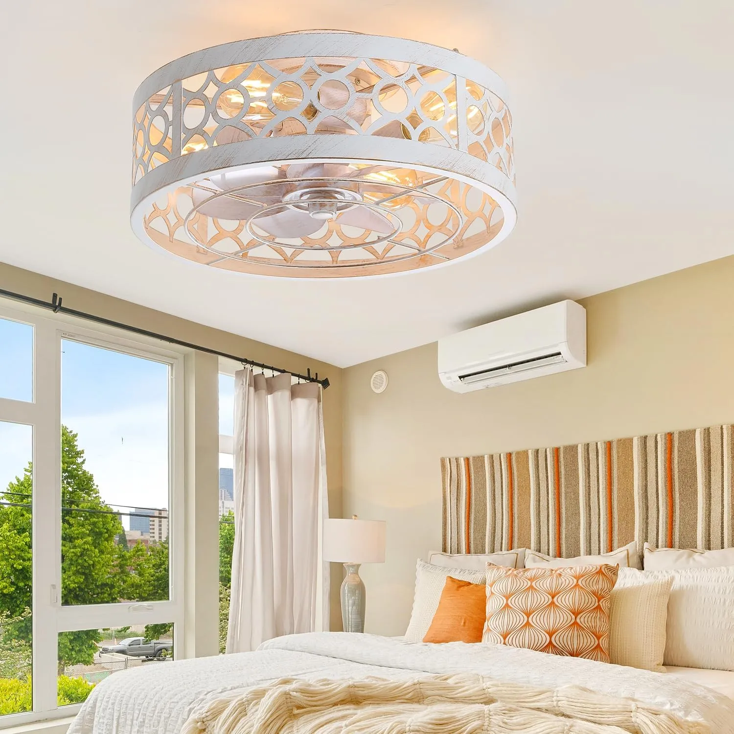ZYD Caged Ceiling Fans with Lights and Remote, 16.5" Flush Mount Ceiling Fan with Light, Low Profile Caged Ceiling Fan for Low Ceilings, Gold and White Enclosed Blades, Quiet for Bedroom/Home