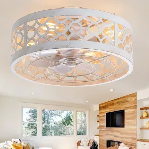 ZYD Caged Ceiling Fans with Lights and Remote, 16.5" Flush Mount Ceiling Fan with Light, Low Profile Caged Ceiling Fan for Low Ceilings, Gold and White Enclosed Blades, Quiet for Bedroom/Home Fan with safety blade design